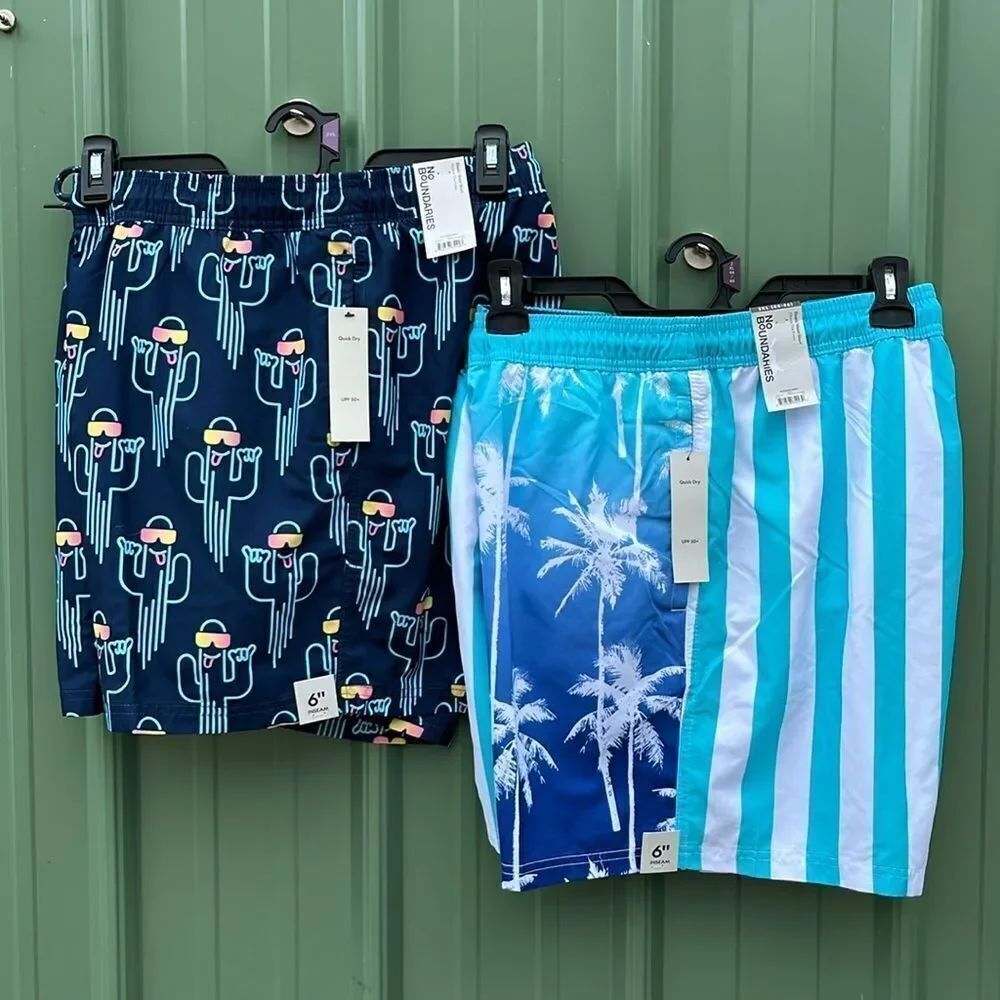 Men's Elastic Waist Swim Trunks Shorts 6" Inseam Beach Vacation 2-Pack Size 2XL